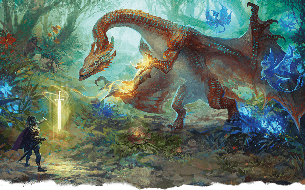 Artwork of a Copper Dragon from Dungeons & Dragons, imbuing a hero's weapon. 