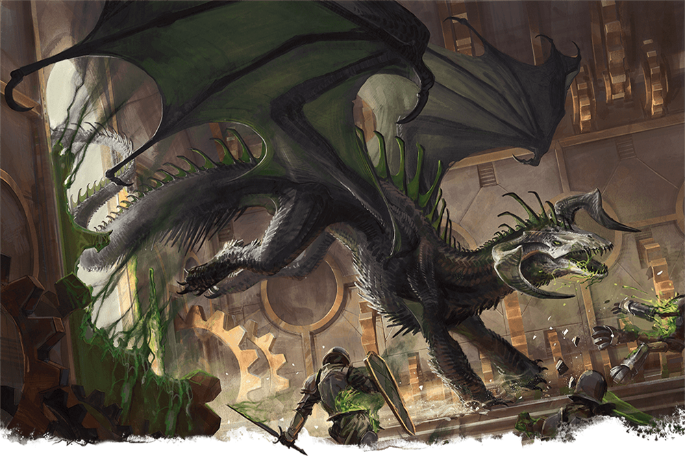 Artwork for Dungeons & Dragons, depicting a black dragon attacking a team of guards.