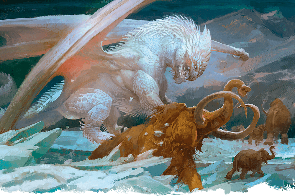 Artwork for Dungeons & Dragons, depicting a large White Dragon attacking a mammoth.