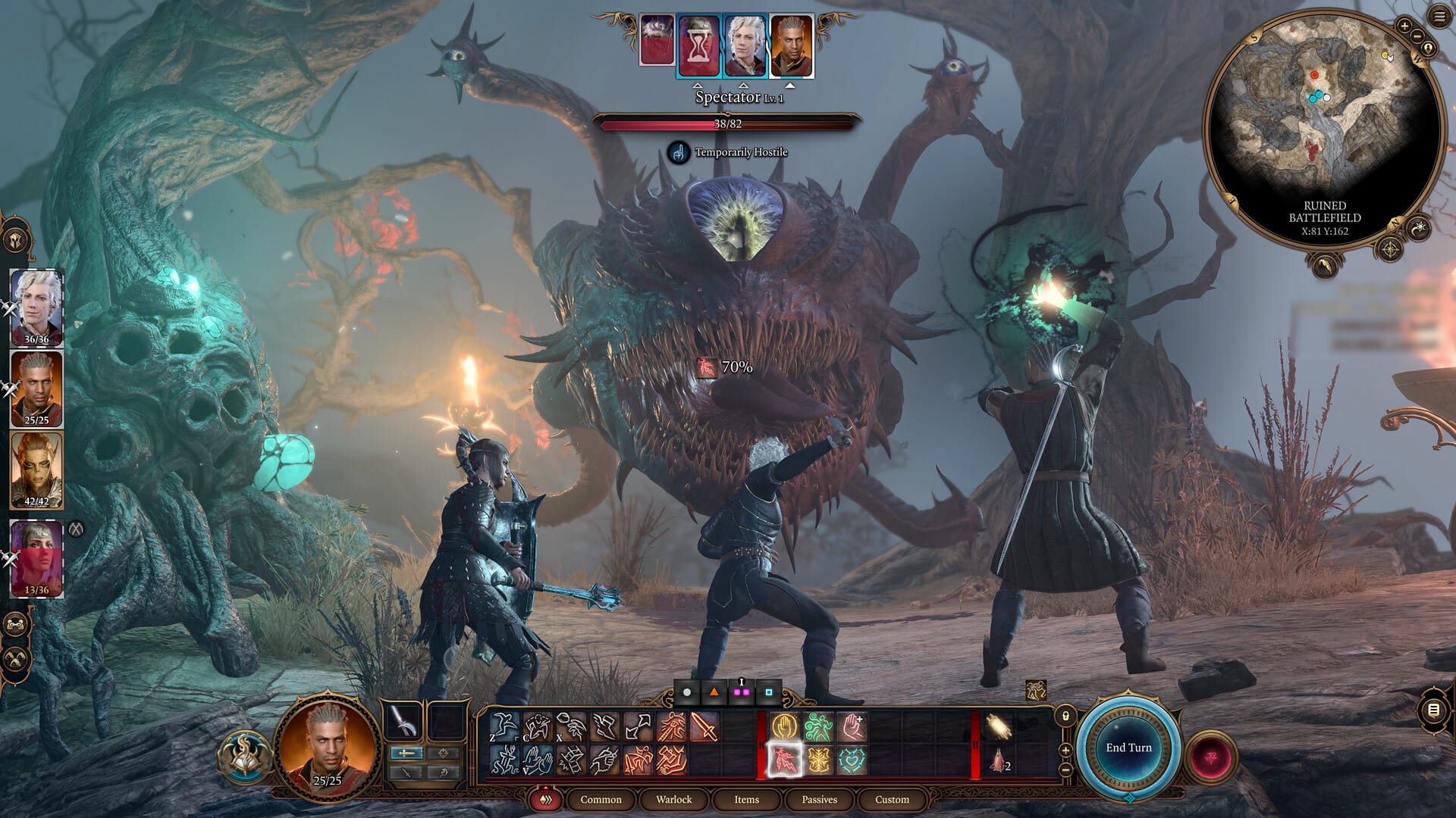 A screenshot from Baldur's Gate III featuring a party of adventurer's facing off against a Spectator monster (a floating eyeball with four tentacles).